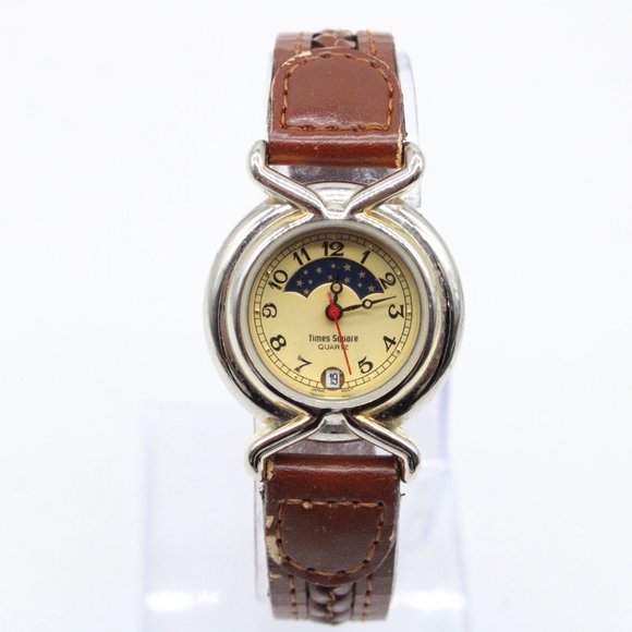 Vintage Time Square Watch Womens Silver Tone Moonphase Brown Leather Band - Picture 2 of 8